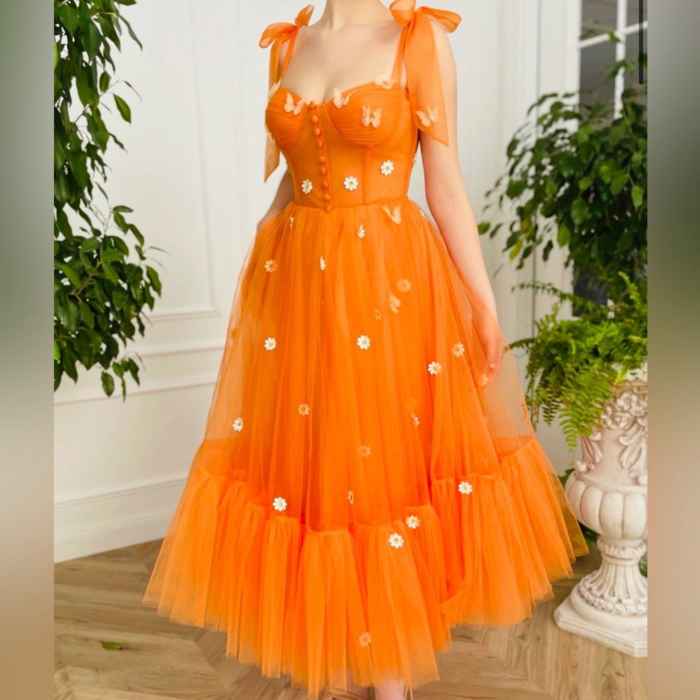 Orange tulle tea length dress